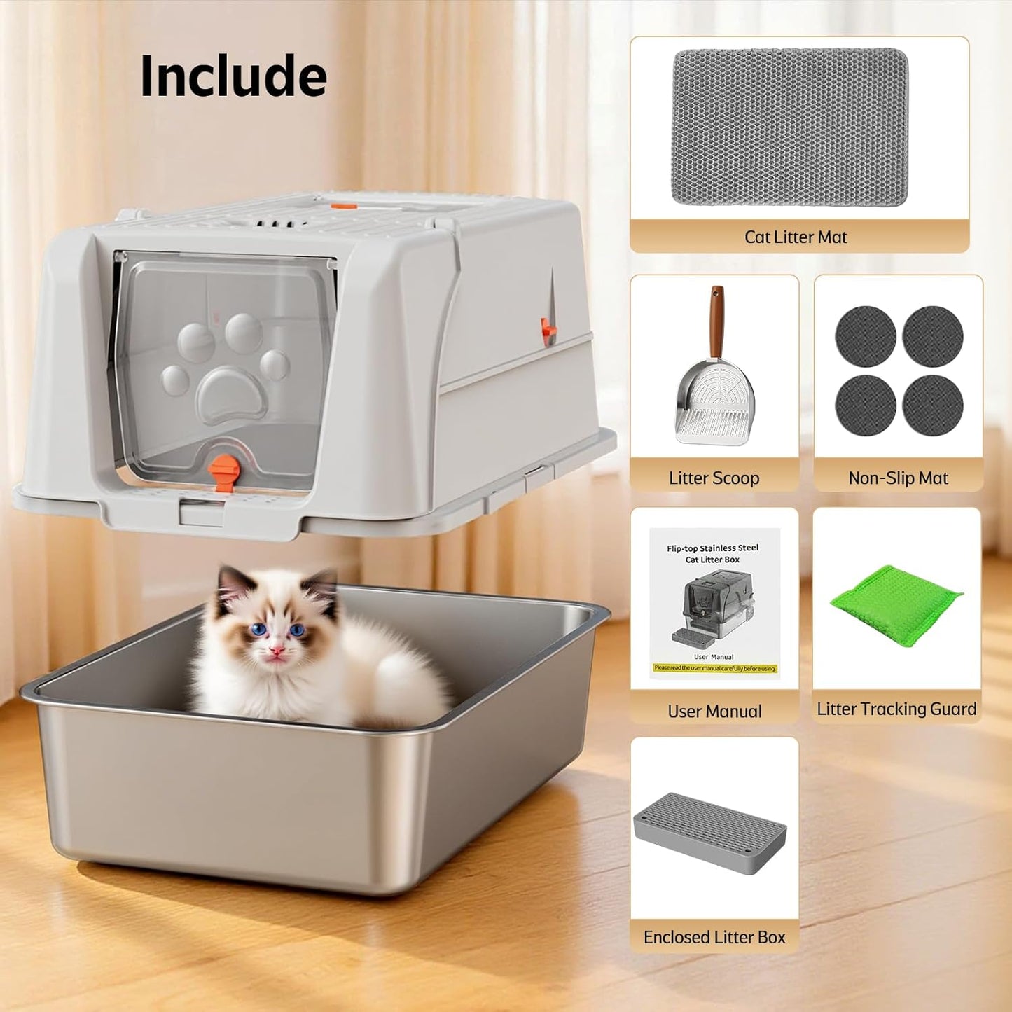 Stainless Steel Litter Box with Lid, XL Metal Cat Litter Box