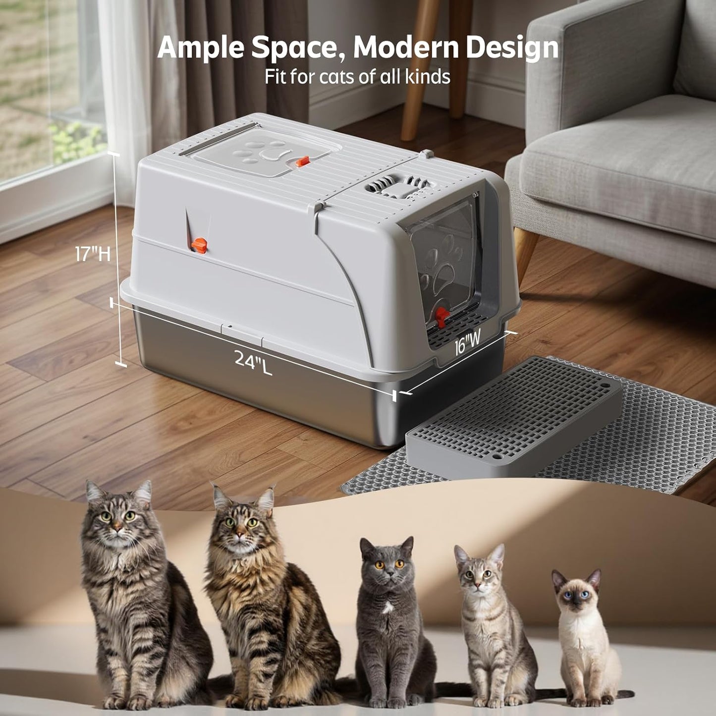 Stainless Steel Litter Box with Lid, XL Metal Cat Litter Box